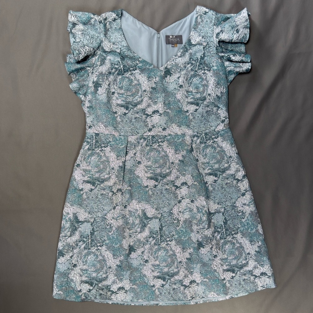 Theia Aqua Mist Dress — Blue Silver Metallic — Plus Size 18W — Pockets